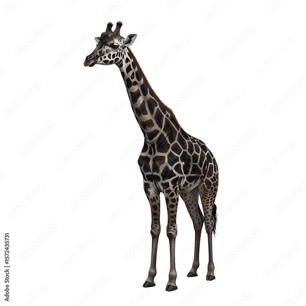 Fototapeta premium Majestic Giraffe Standing Tall with Distinctive Brown and White Patches on a Black Background.