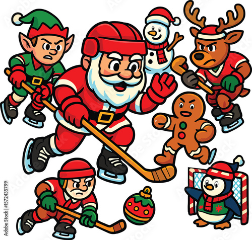 Santa Claus Playing Hockey On an Icy Field