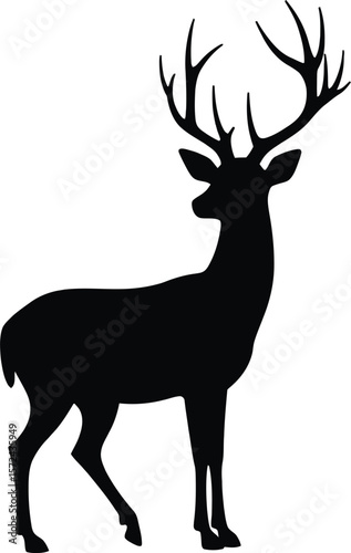 Vector art of silhouette of a majestic deer with large antlers standing isolated on white background