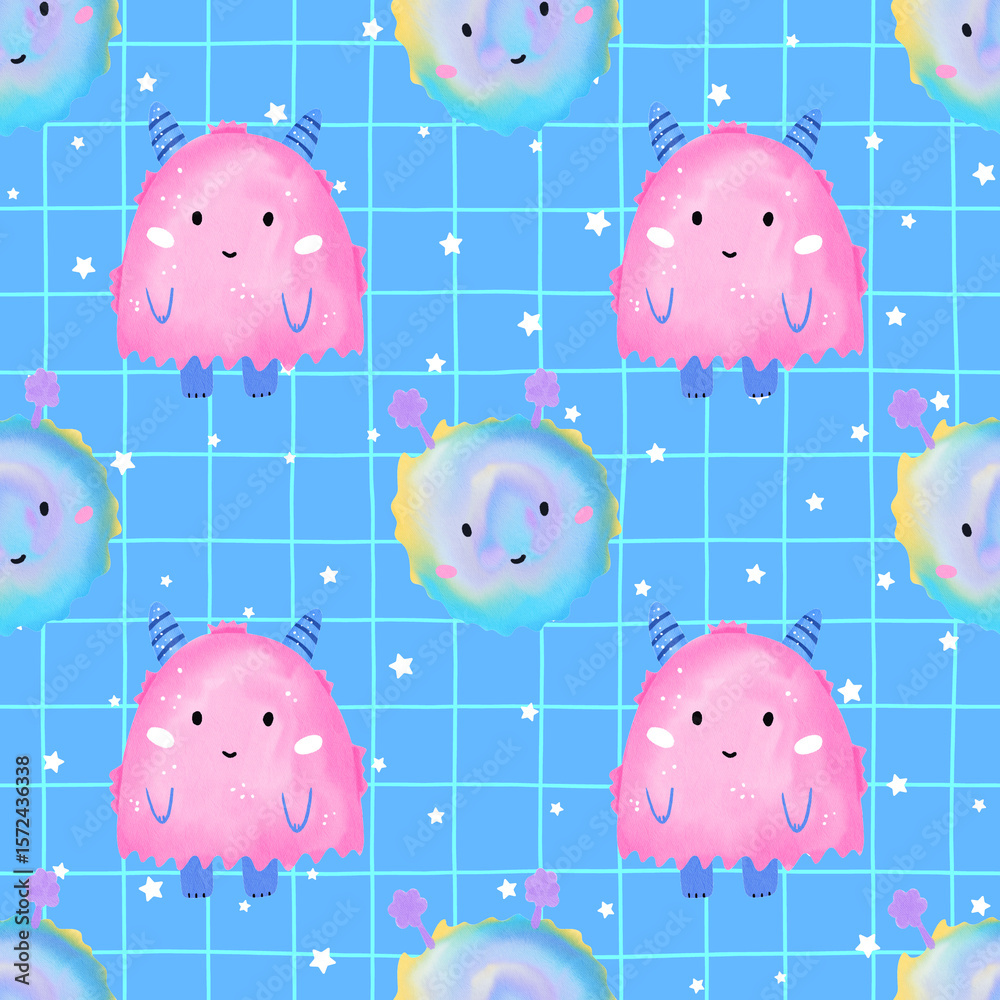 Fototapeta premium Seamless watercolor pattern with fluffy pastel monsters, cute horns, and spooky Halloween charm. Perfect for kids products, festive textiles, and seasonal wrapping paper