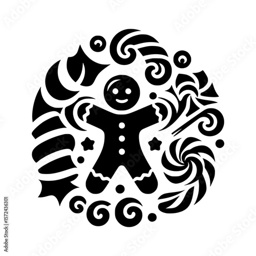 Whimsical black and white gingerbread man surrounded by festive christmas sweets