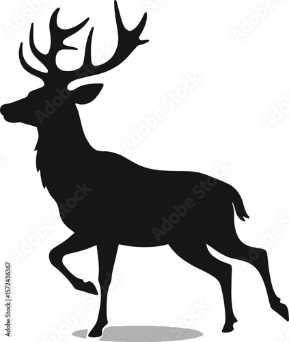 Vector art of silhouette of a majestic deer with large antlers walking isolated on white background