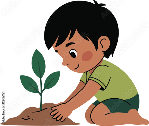 boy gently planting a small tree Transparent isolated vector png