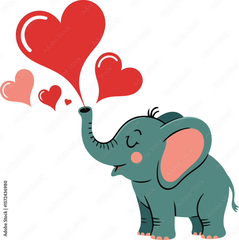 Obraz premium Elephant playfully blowing hearts Transparent isolated vector png