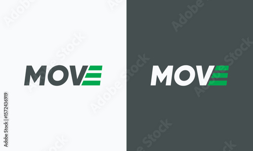 Modern typography logo design with bold MOVE lettering and dynamic green speed lines in the letter "E", symbolizing motion, speed, and innovation.