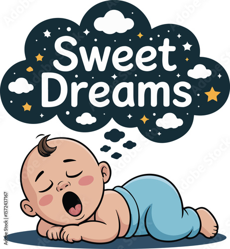 Sweet dreams baby with a bubble text design over sleeping baby Transparent isolated vector png