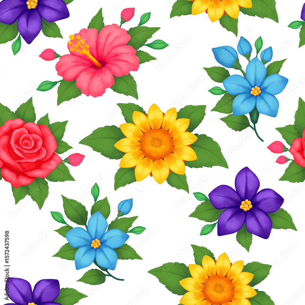 Fototapeta premium Seamless pattern with bright colored flowers, buds and leaves. Digital drawing