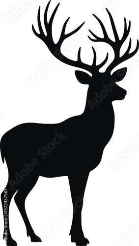 Vector art of silhouette of a majestic stag with large antlers isolated on white background