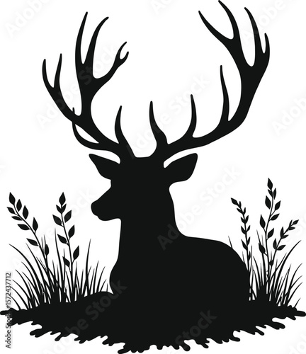 Vector art of silhouette majestic deer sitting in grass isolated on white background