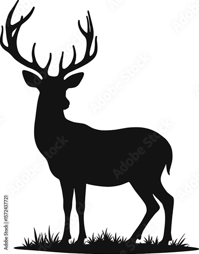 Vector art of silhouette majestic deer standing in grass isolated on white background