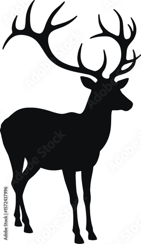 Vector art of silhouette deer with large antlers isolated on white background