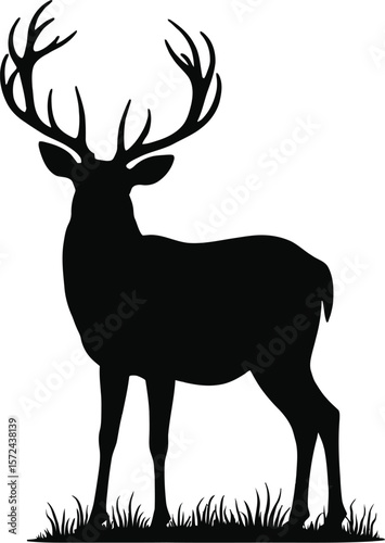 Vector art of silhouette deer with large antlers and grass isolated on white background