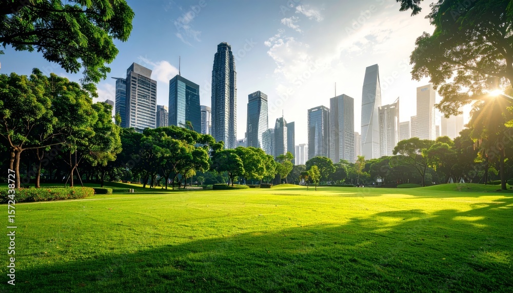 Fototapeta premium Nature park in a metropolitan city, tall skyscraper building skyline