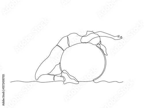 A girl does exercises, gymnastics, Pilates, aerobics lying with her back on a gym ball. continuous single one line art hand drawing sketch logo