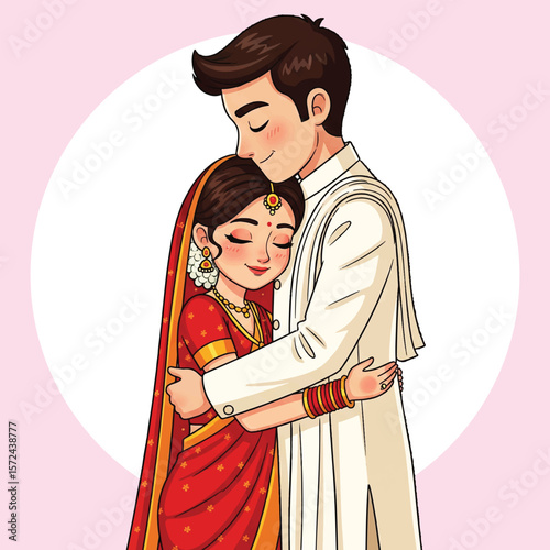 Romantic Indian Wedding Couple Hug Illustration Bride in Red Saree and Groom in Sherwani Cartoon