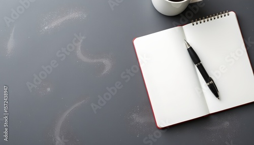 an open notebook with an inked pen is placed on a table with a backdrop that appears to be spilled sugar, indicating a sweet theme