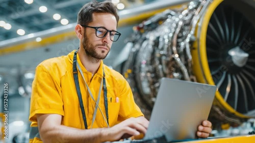 Engineering Precision: A dedicated engineer, immersed in the details, uses a laptop to assess the complex machinery of the jet engine, showcasing the pivotal role of technology in aviation.