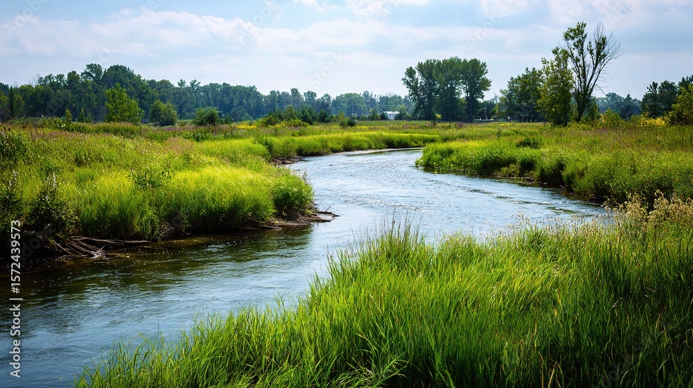 Winding River Flowing Through Restored Natural Landscape Winding River Flowing Through Restored Natural Landscape