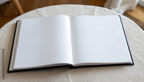 an open book is displayed on a table, showcasing blank pages with visible lines indicating text boundaries within the white pages