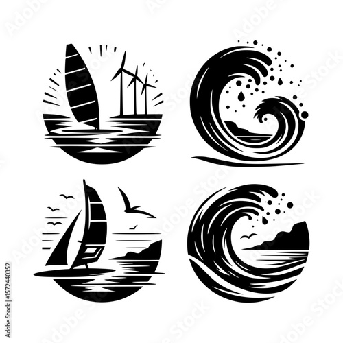 Nautical and coastal icons featuring windmills sailboats and ocean waves