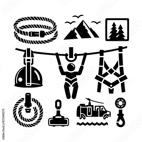 Zipline adventure equipment and scenic mountain landscape icons