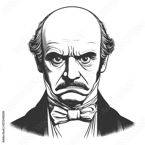 grumpy-looking Victorian man in a suit and bow tie with exaggerated frown sketch engraving generative ai fictional character vector illustration. Scratch board imitation. Black and white image.