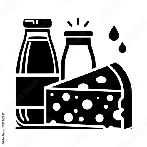 Dairy products including milk bottles and a slice of cheese