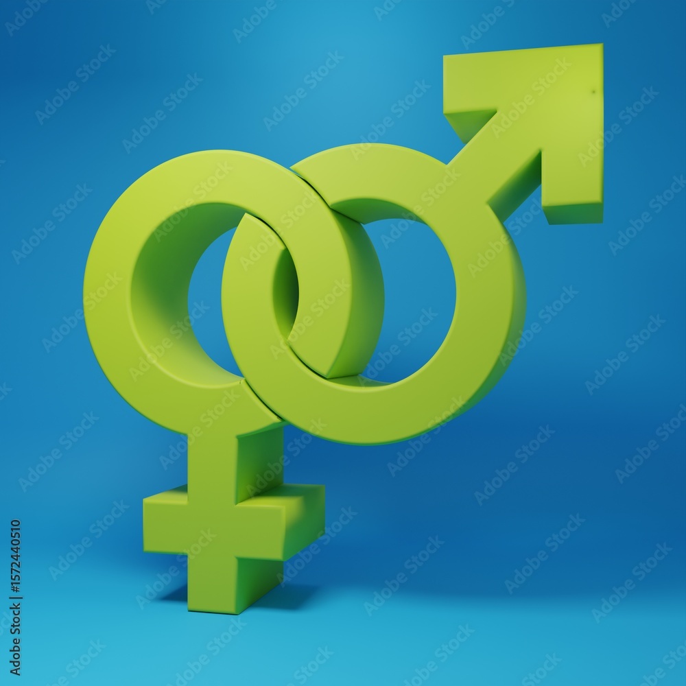 Green Gender icon isolated on blue background. Symbols of men and women. Sex symbol. Minimalism concept. 3D render illustration Green Gender icon isolated on blue background. Symbols of men and women. Sex symbol. Minimalism concept. 3D render illustration