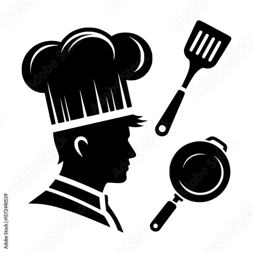 Chef silhouette with cooking utensils and traditional toque