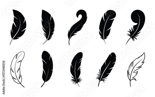 A set of eight black feather silhouettes