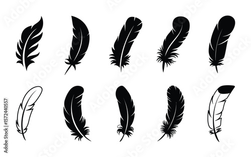 A set of eight black feather silhouettes