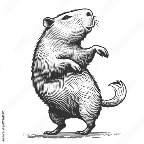 Dancing Capybara sketch engraving generative ai fictional character vector illustration. Scratch board imitation. Black and white image.