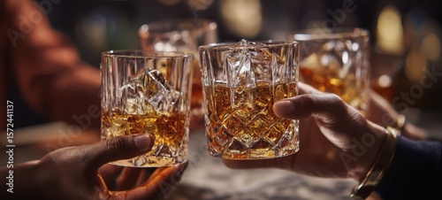 The elegant whiskey glasses clink in a toast among friends at a bar.