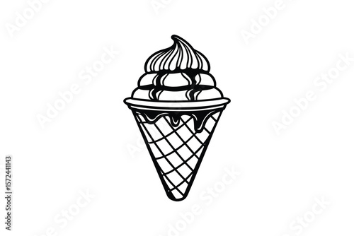 Black and white ice cream cone with chocolate drizzle illustration