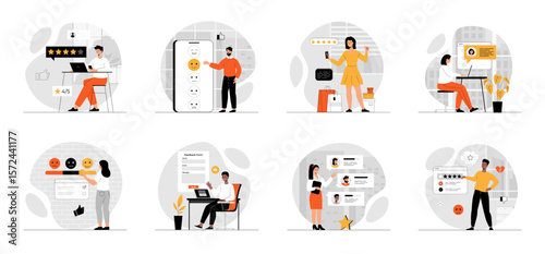 Bundle of Customer Reviews, Feedback Page concepts with people scene in flat cartoon design. Collection work with men and women. People giving review and filling webpage form. Vector illustration