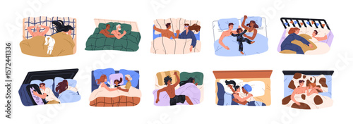 People sleep in bed top view set. Families with babies, pets have a rest under blanket. Asleep couples, men and women, kids are lying on pillow. Flat isolated vector illustrations on white background