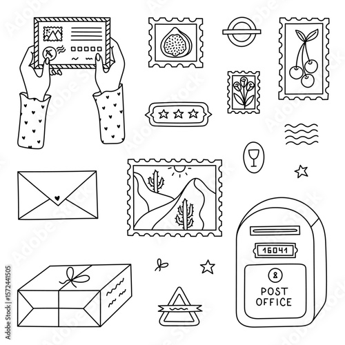 Lovely outline postal set with classical mailbox, women hands holding airmail letter, postage stamps with picturesque scenery. Trendy hand drawn deliver and receive mail doodle isolated on background.