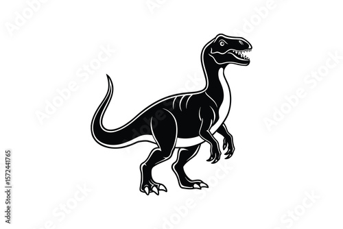Black and White Illustration of a Velociraptor Dinosaur on White