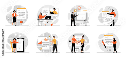 Bundle of Online Agreement, Digital Signature concepts with people scene in flat cartoon design. Collection work with men and women. People signing electronic contract form with e-signature. Vector