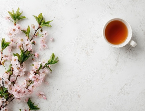 Delicate spring blossoms and teacup on a light surface