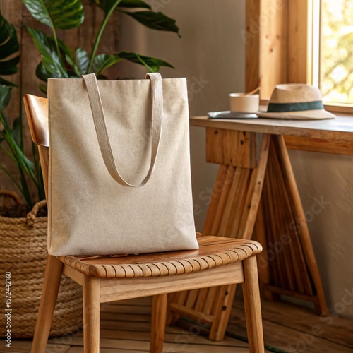 Natural Canvas Tote Bag Mockup on Wooden Chair in Cozy Room