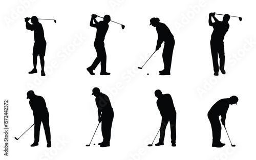 A set of black silhouettes of golfers in various playing positions