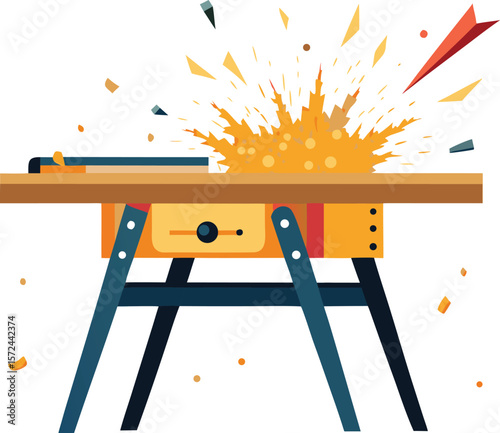 table saw with sawdust particles flying action s.eps