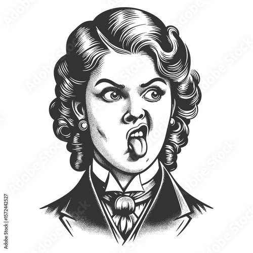  woman in old-fashioned attire making a silly face by sticking out her tongue and crossing her eyes sketch engraving generative ai vector illustration. Scratch board imitation. Black and white image.
