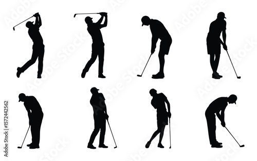 A set of black silhouettes of golfers in various playing positions