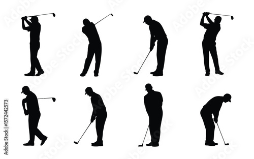 A set of black silhouettes of golfers in various playing positions