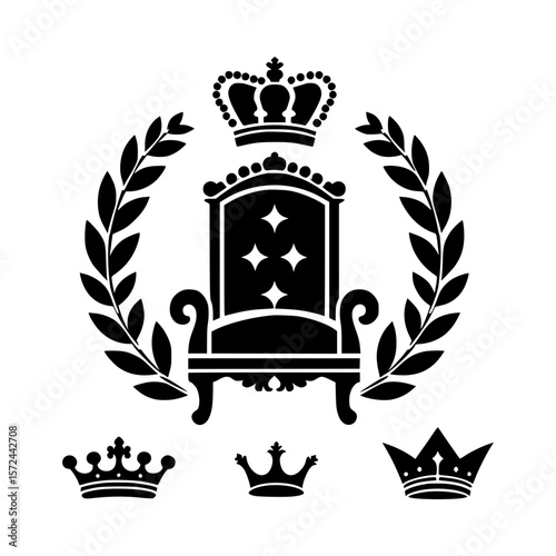 Royal throne surrounded by laurel wreath and crowns emblem