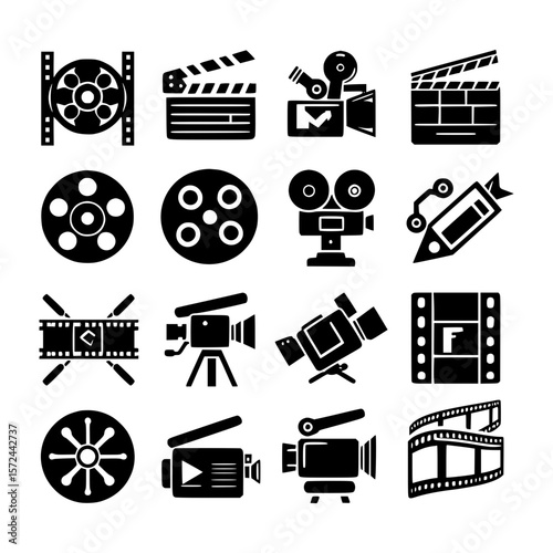 Collection of black and white cinema and filmmaking icons
