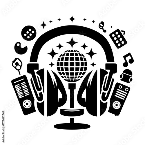 Dj headphones disco ball and music icons celebrate sound and entertainment