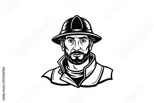 Monochrome Portrait of a Firefighter Wearing Helmet and Protective Jacket